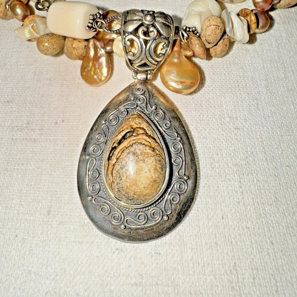 Vintage Sterling Silver Mother of Pearl Jasper‎ Necklace Womens OS Tan Bohemian